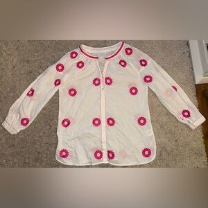 Nimo With Love White Embroidered tunic Top Pink Floral 3/4 sleeve Medium M